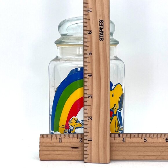 Vintage Peanuts Snoopy & Woodstock Rainbow Glass Goodies Cookie Candy Jar 7" - Picture 12 of 13